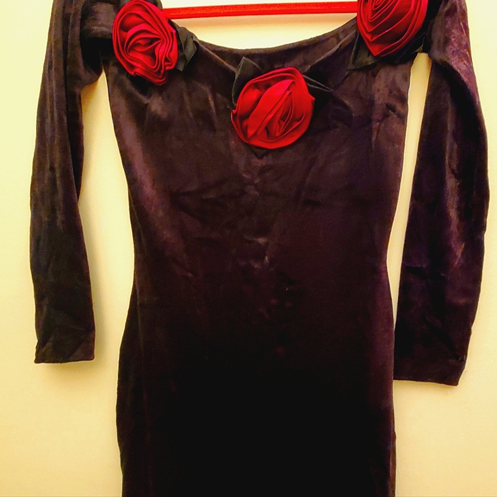 Vintage 80s Betsey Johnson Punk Label Black Burgundy Velvet Dress Roses Sz S
